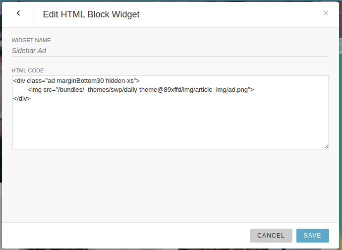 LiveSite editor - modal dialogue showing HTML widget properties