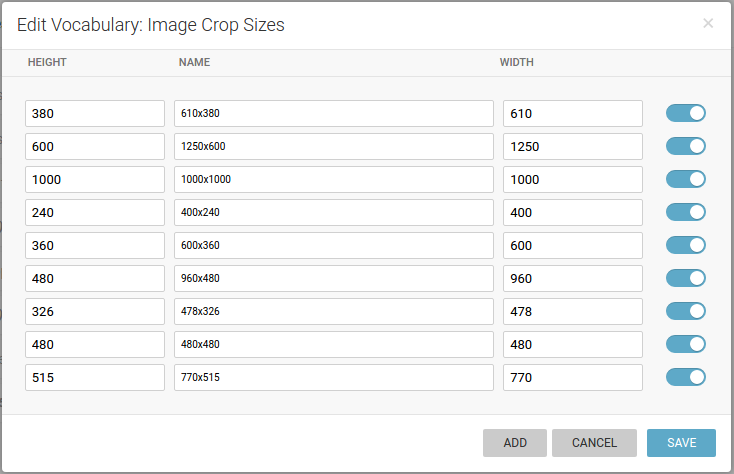 Edit image crop sizes
